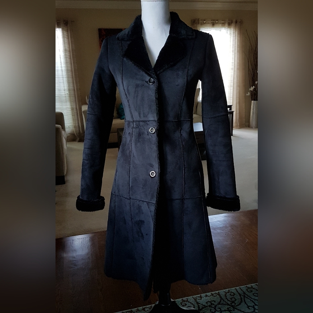 Black Faux Suede Faux Fur Shearling Coat from Italy - Picture 9 of 14